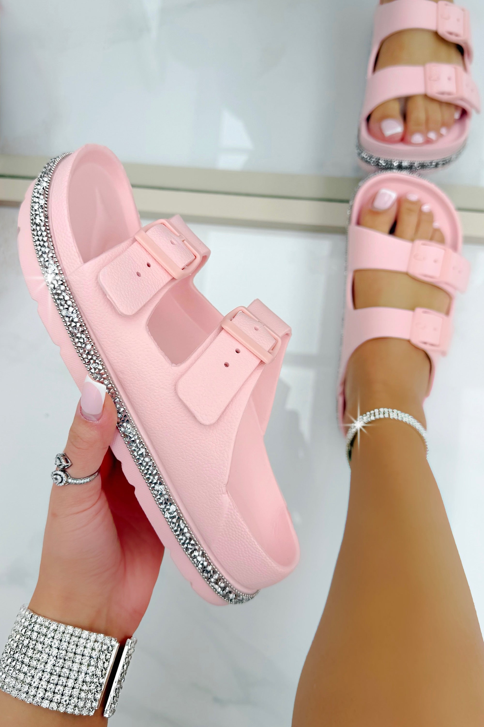 Crystal Trim Lightweight Double Strap Sliders Pink, shown from another angle