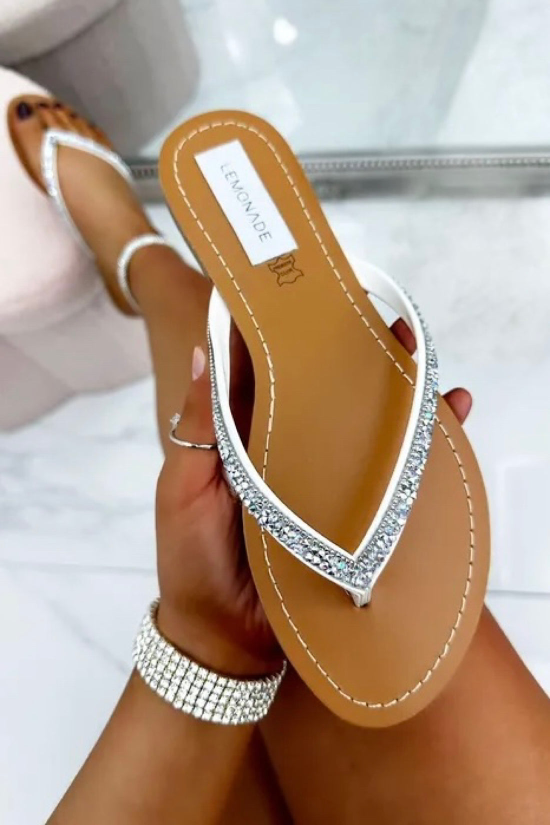 Crystal Sparkle Flip Flops White, with emphasis on slip on flip flop style
