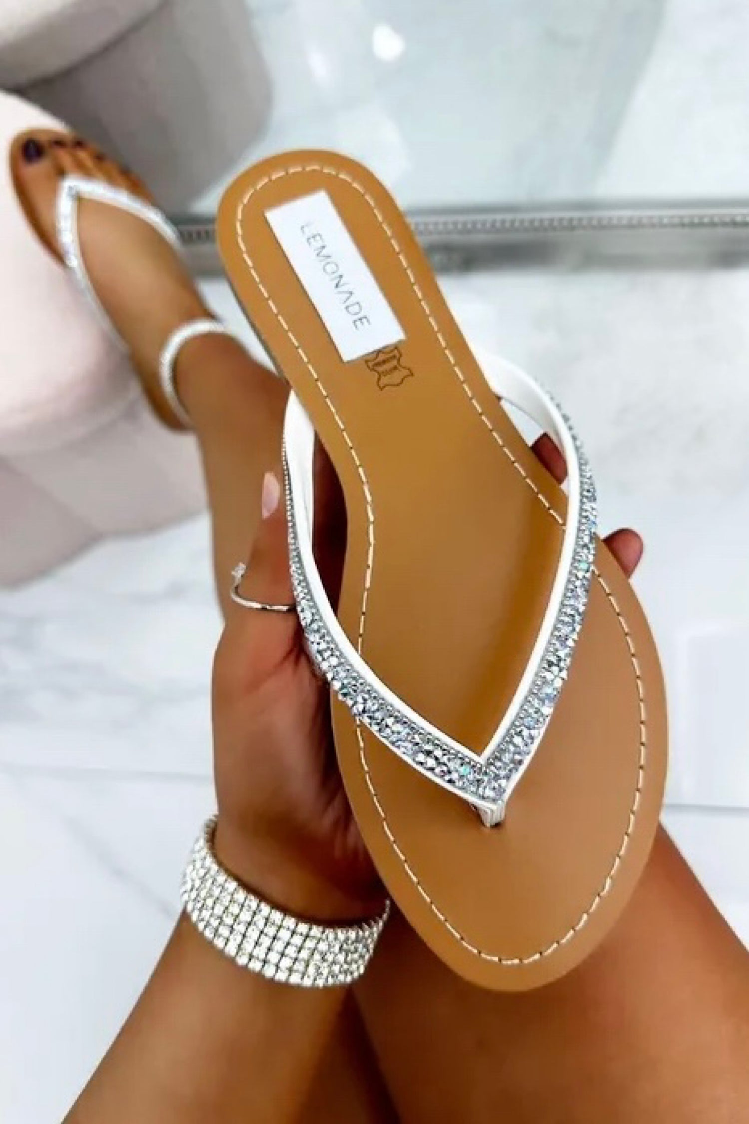 Crystal Sparkle Flip Flops White, with emphasis on slip on flip flop style