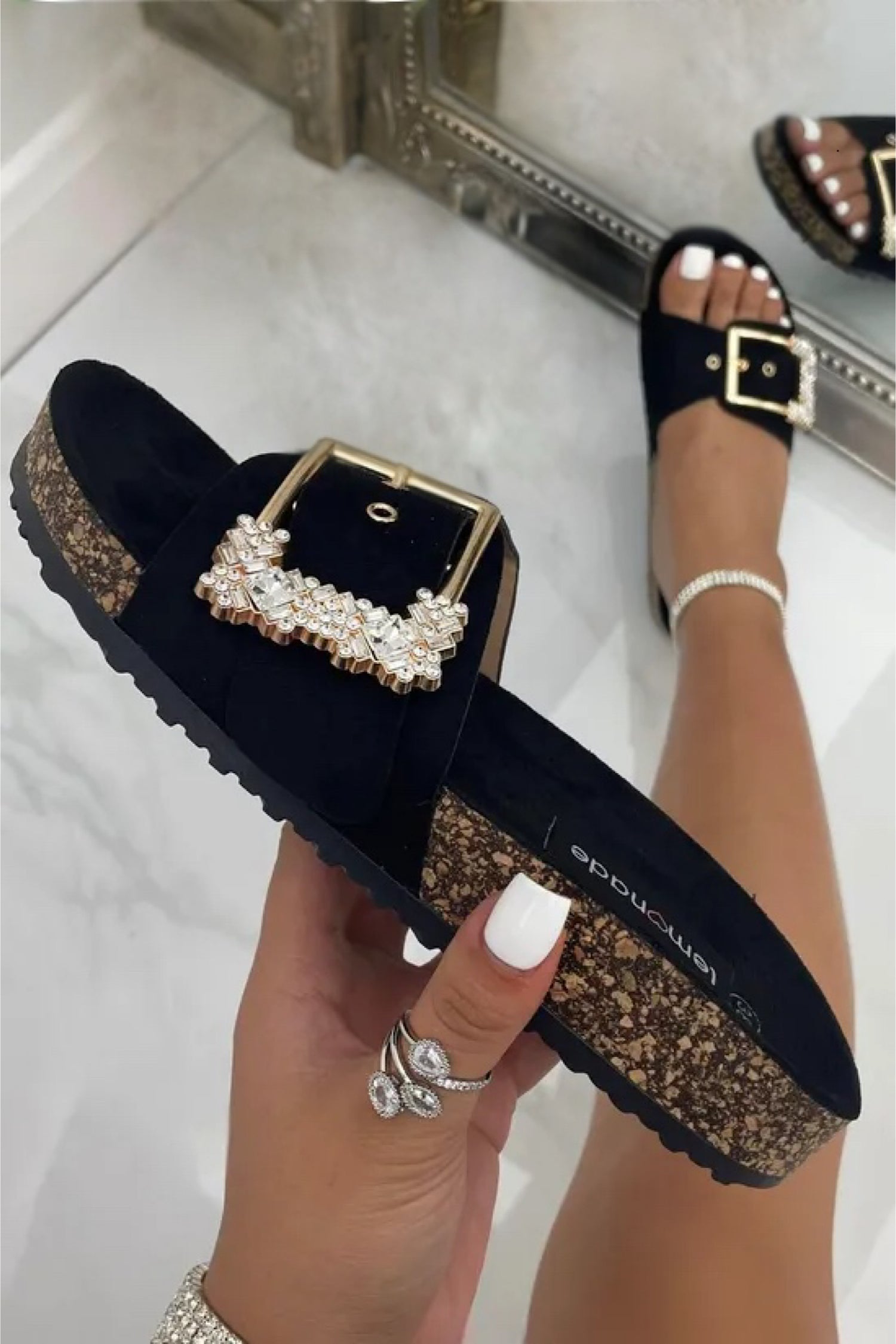 Crystal Chunky Buckle Sliders Black, bringing attention to crystal Embellished Buckle