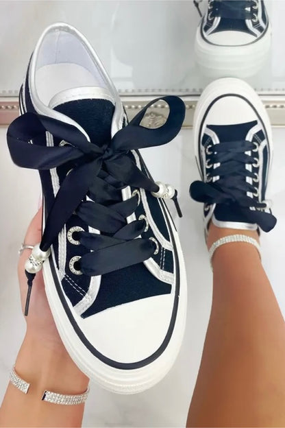 Crystal Lover Lace Up Platform Trainers Black, bringing attention to platform Sole