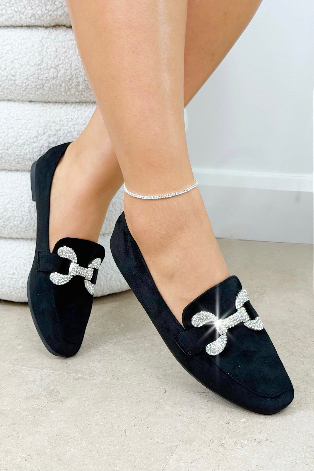 Crystal Diamond Dusk Loafers Black finished with faux suede upper