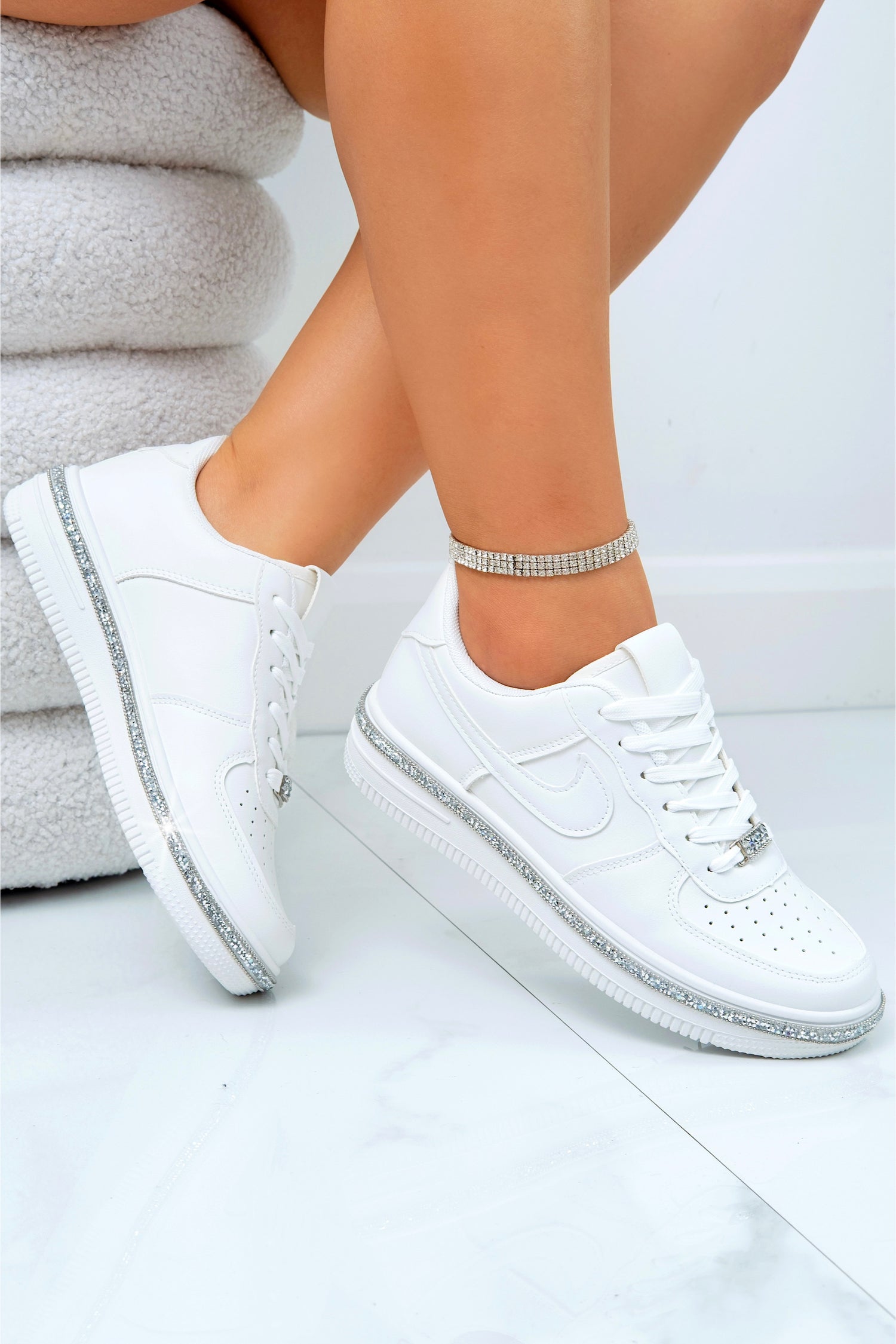 Crystal Trim Sporty Trainers White, highlighting smooth faux leather