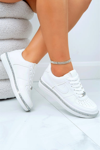 Crystal Trim Sporty Trainers White, highlighting smooth faux leather