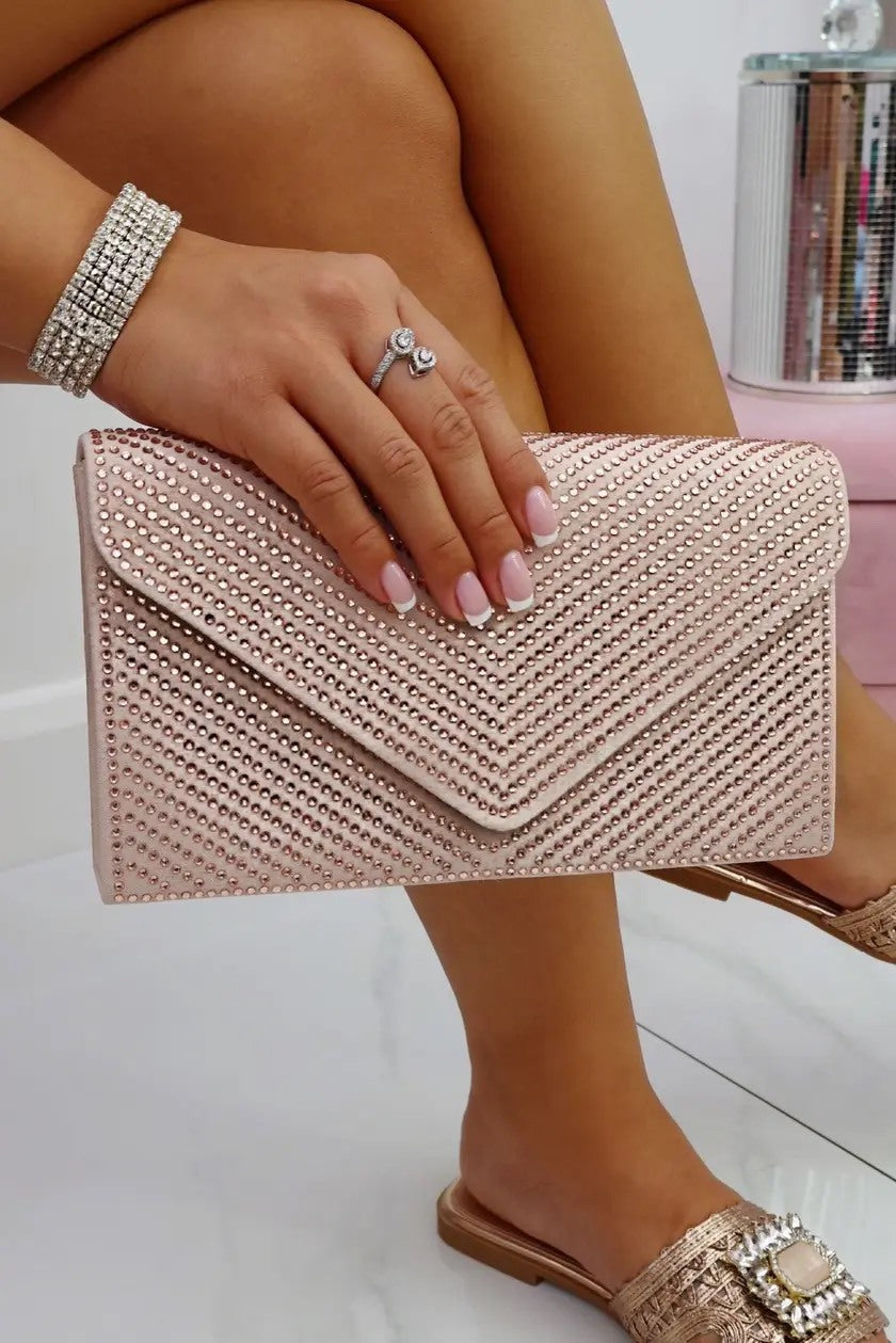 Crystal Glam Envelope Clutch Bag Nude