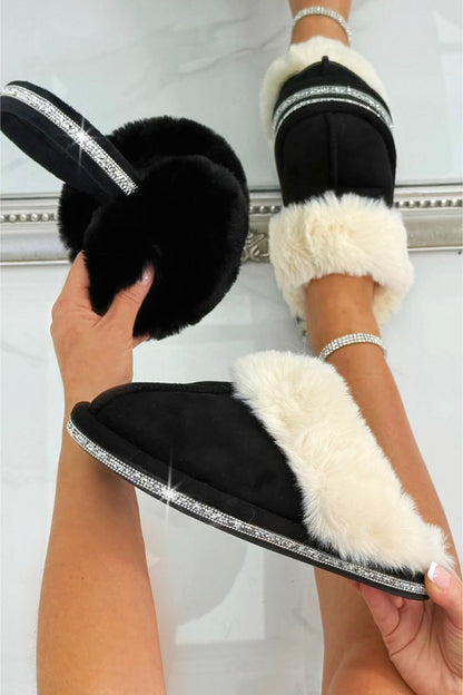 Crystal Trim Cosy Slippers Black