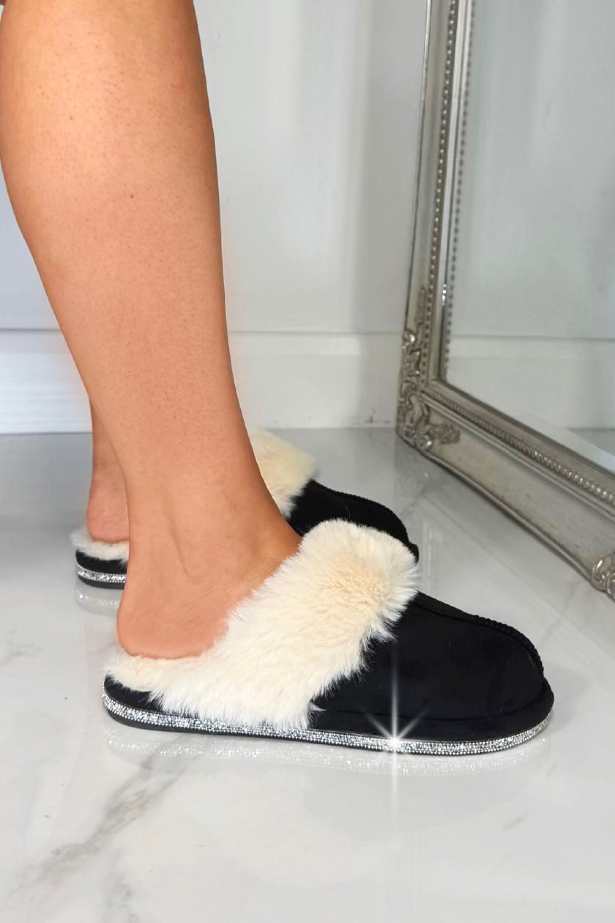 Crystal Trim Cosy Slippers Black