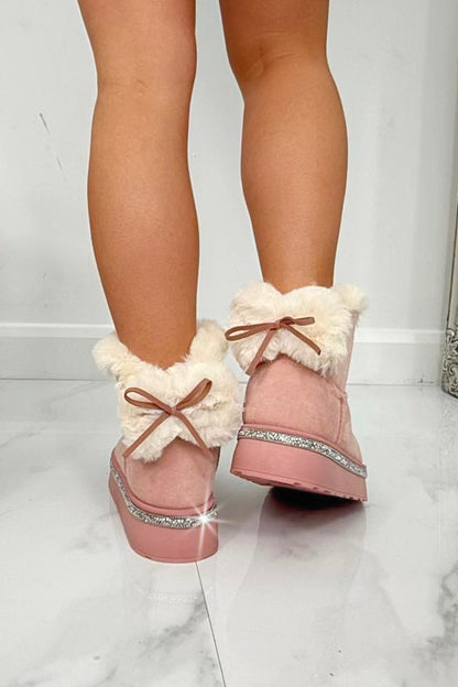 Crystal Faux Fur Bow Snugg Boots Pink