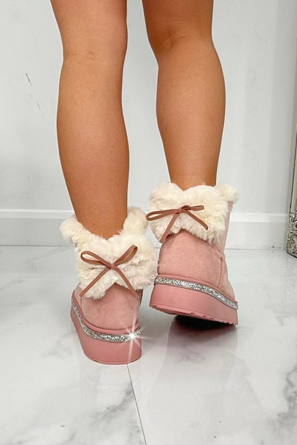 Crystal Faux Fur Bow Snugg Boots Pink