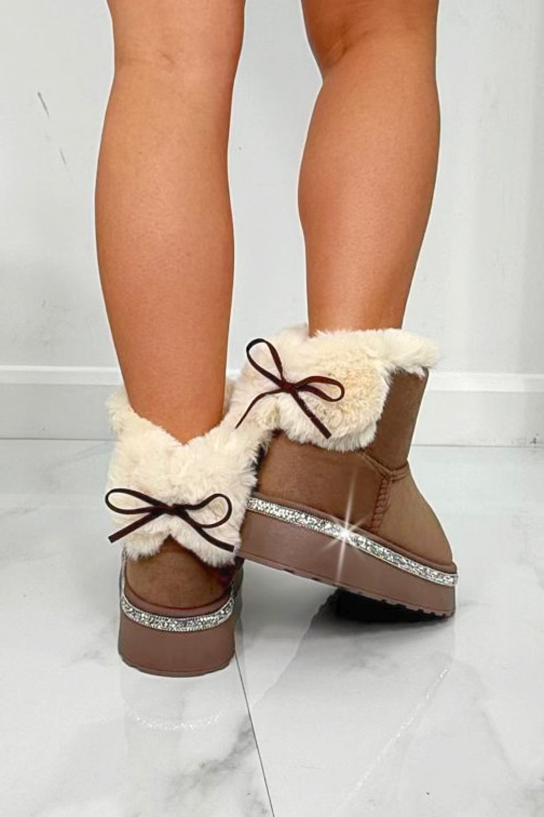Crystal Faux Fur Bow Snugg Boots Brown, highlighting plush Faux Fur lining
