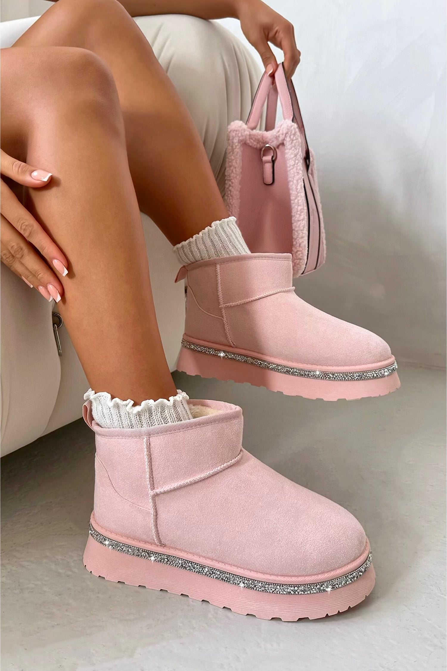 Crystal Trim Platform Ultra Mini Snugg Boots Baby Pink finished with sparkly Crystal Trim