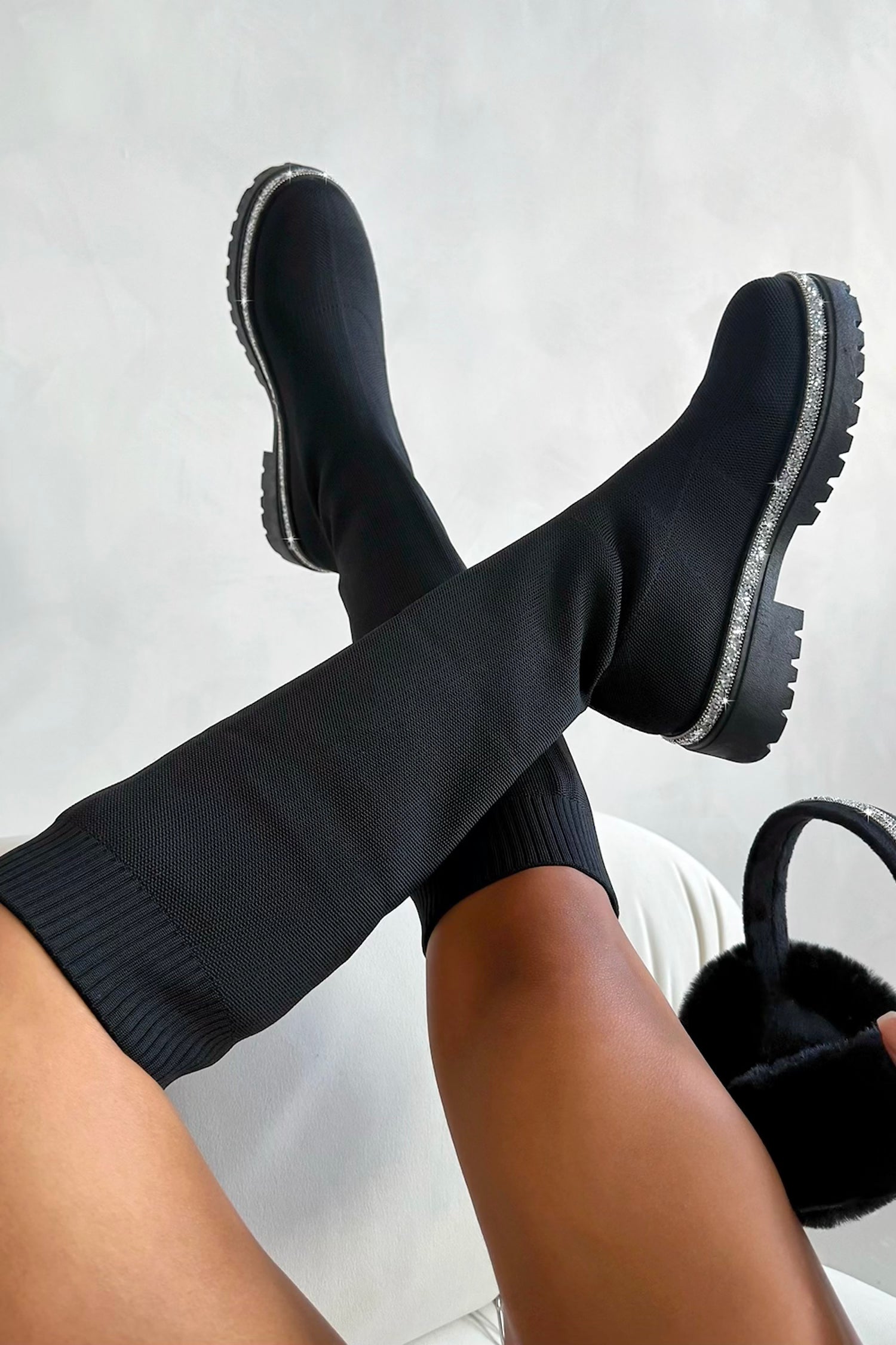 Sparkly Calf Stretch Sock Boots Black designed with calf Knee High Boots