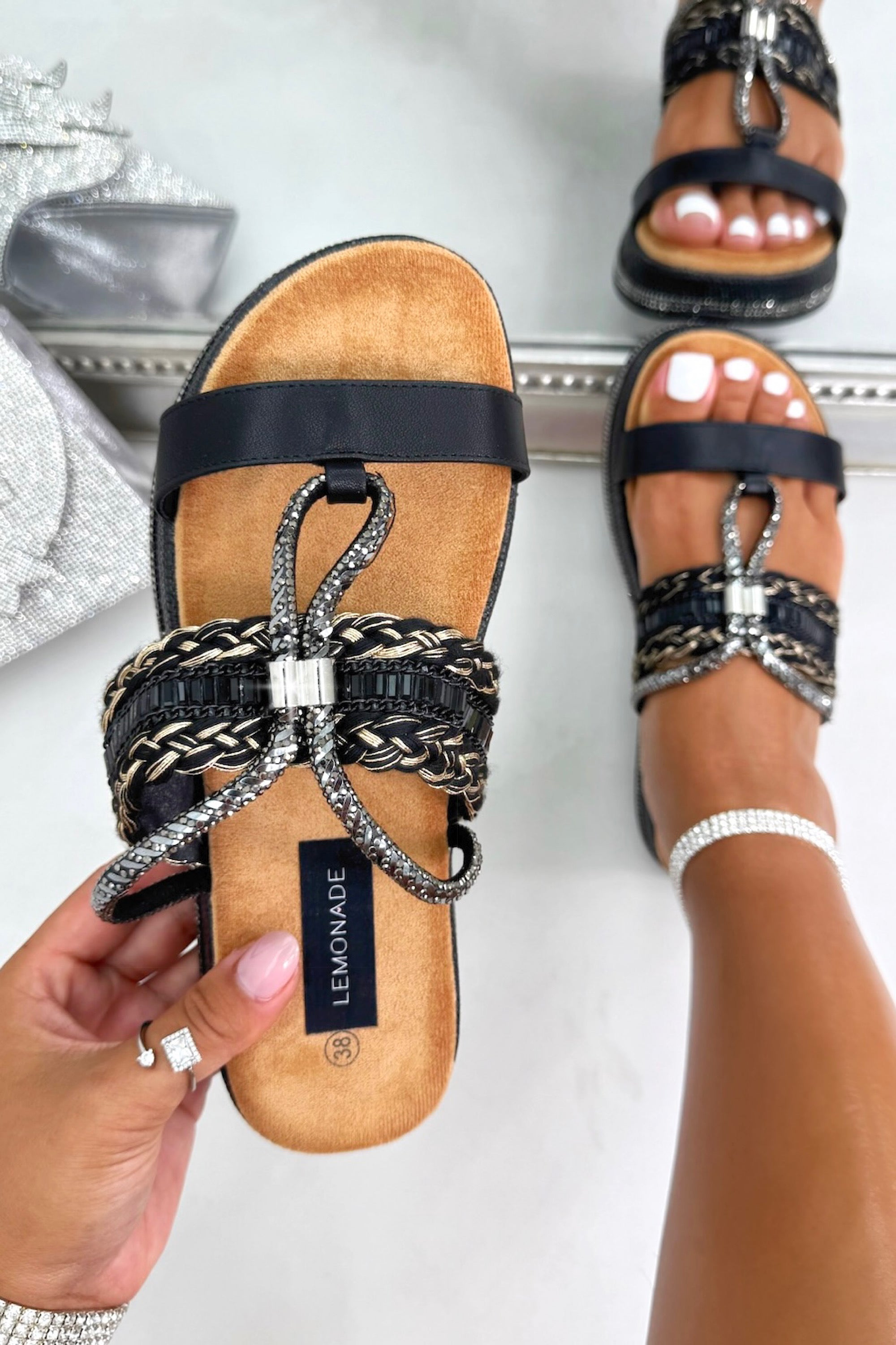 Crystal Solara Luxe Woven Platform Sliders Black