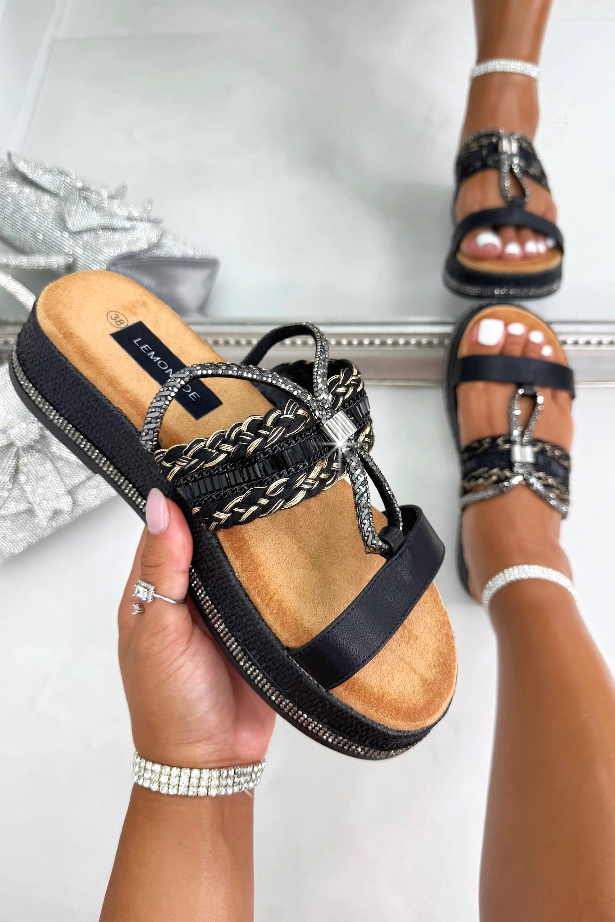 Crystal Solara Luxe Woven Platform Sliders Black