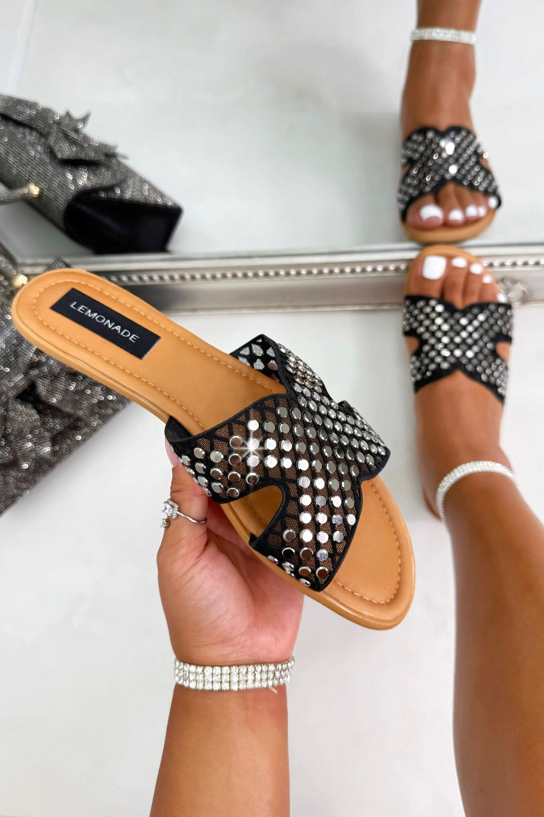 Crystal Luxe Link Sliders Black
