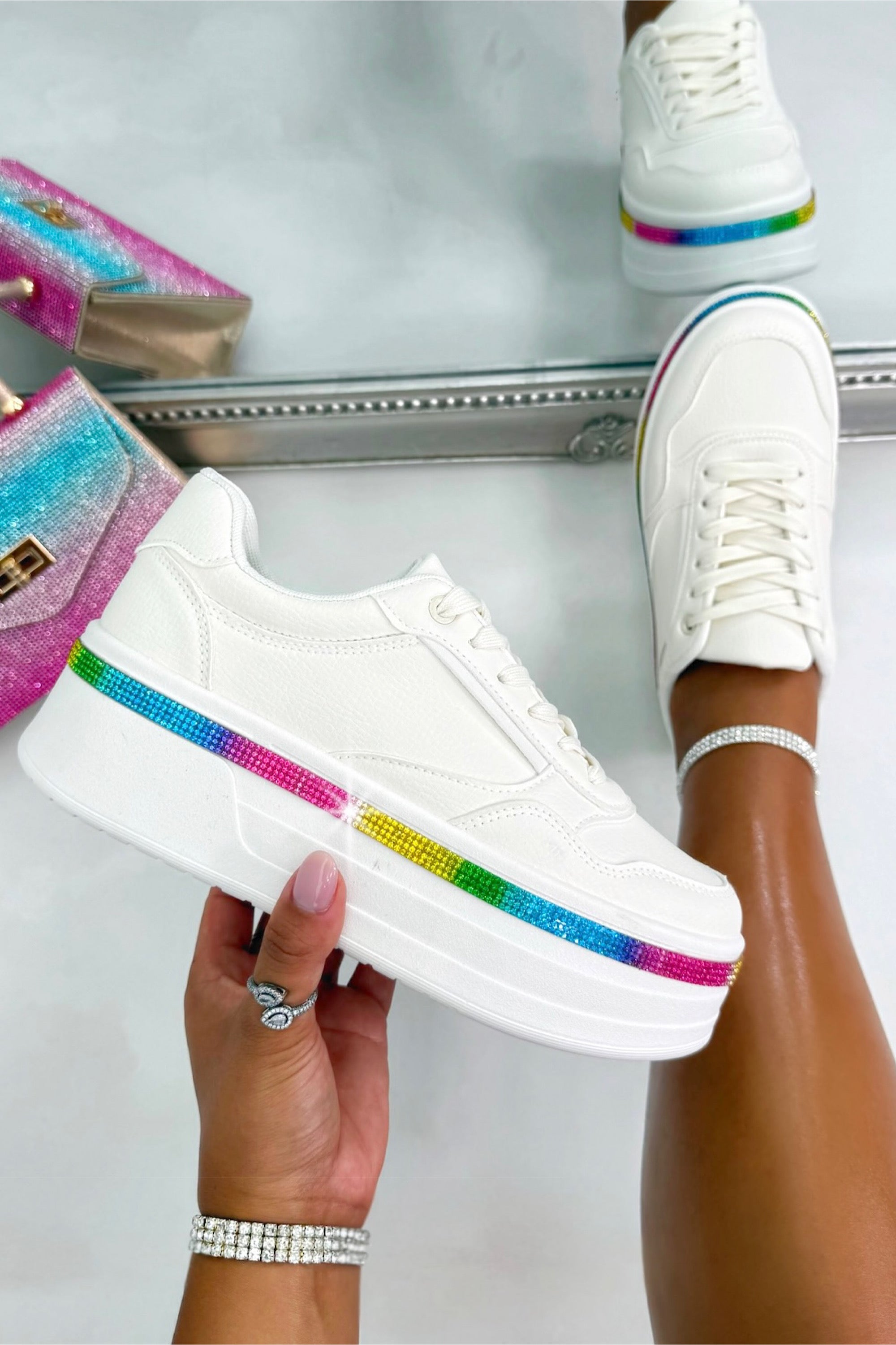 Crystal Diamante Trim Platform Trainers Rainbow