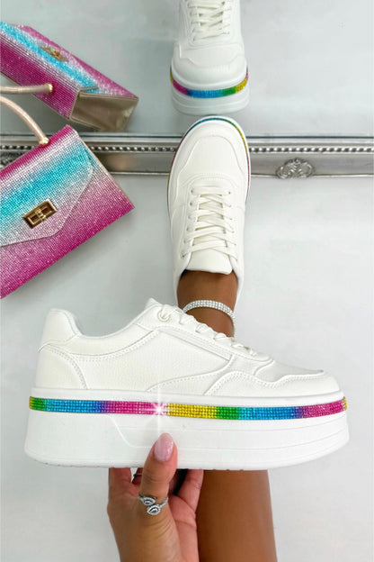 Crystal Diamante Trim Platform Trainers Rainbow