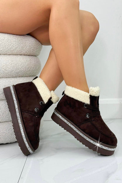 Crystal Luxe Lodge Faux Fur Lined Boots Brown, showcasing plush faux-fur interior