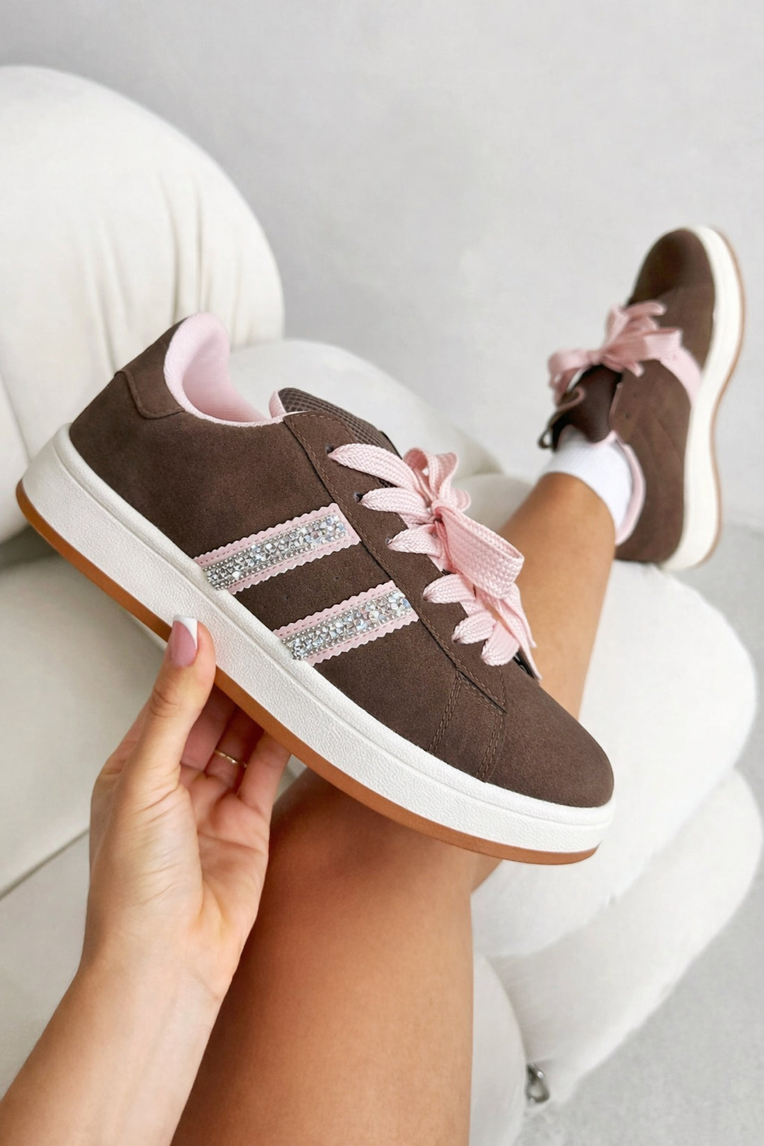 Crystal Velvet Stripe Trainers Brown featuring faux suede upper