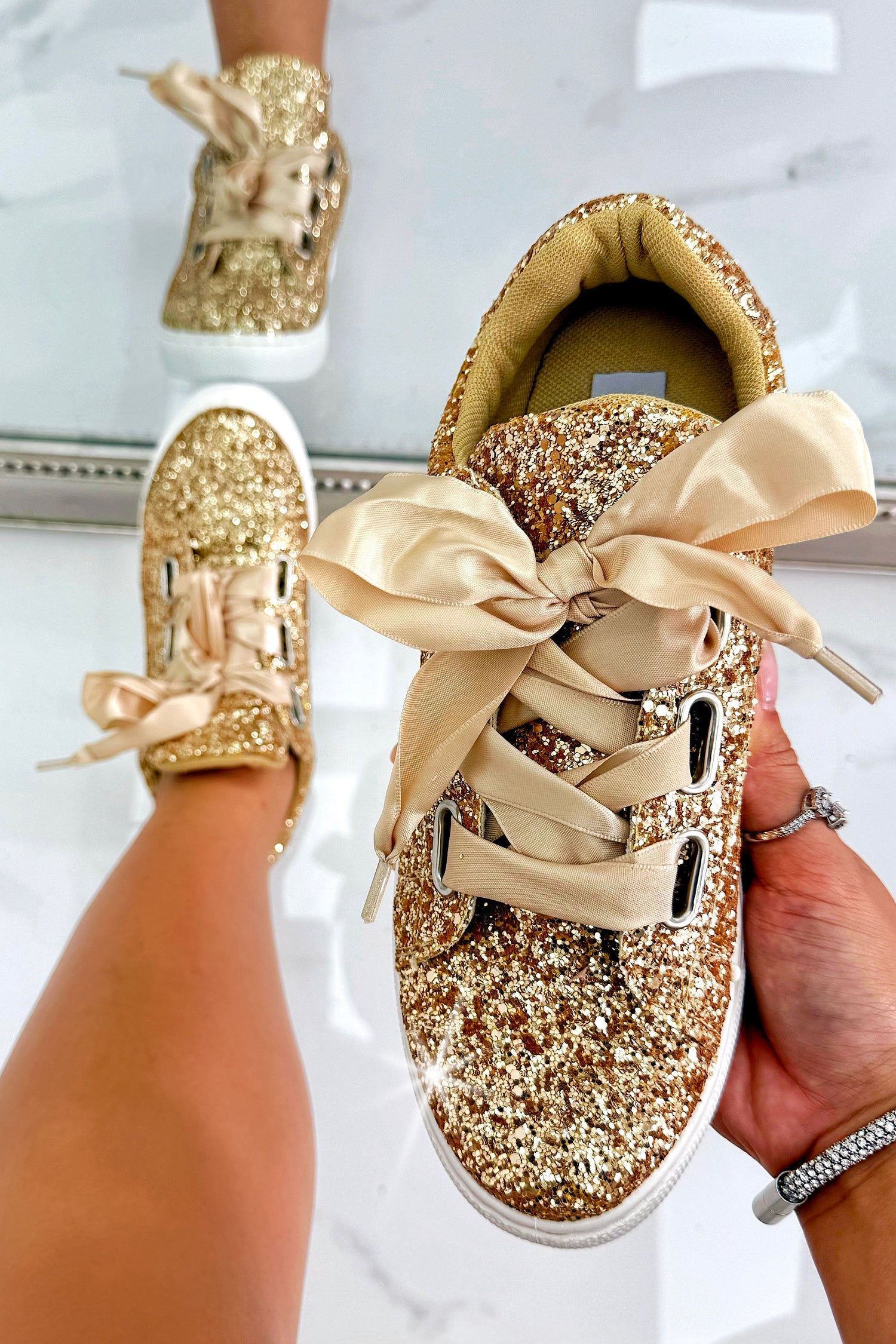 Sparkly Glitter Ribbon Lace Trainers Gold, featuring sparkly glitter upper