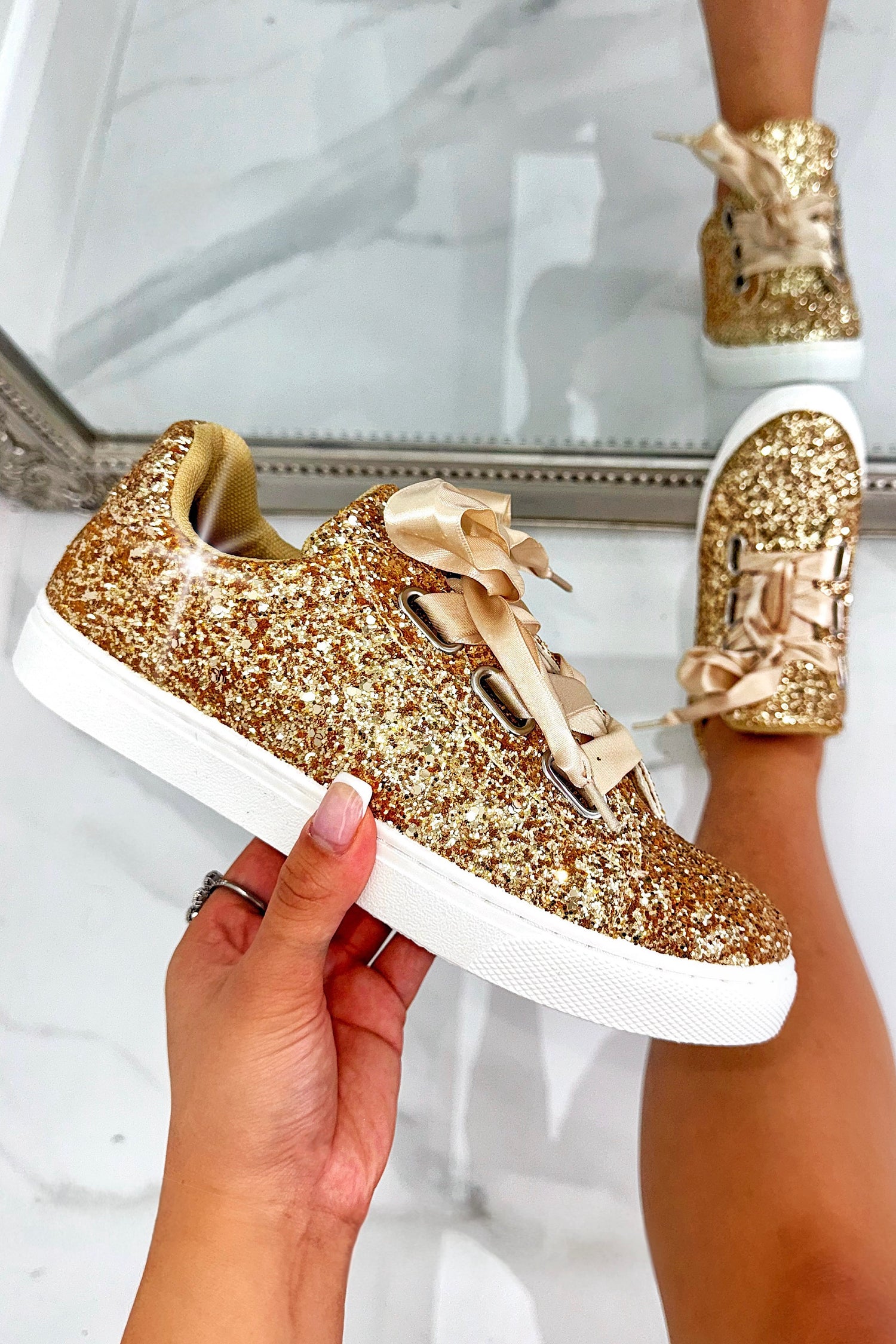 Sparkly Glitter Ribbon Lace Trainers Gold, featuring ribbon lace up detail