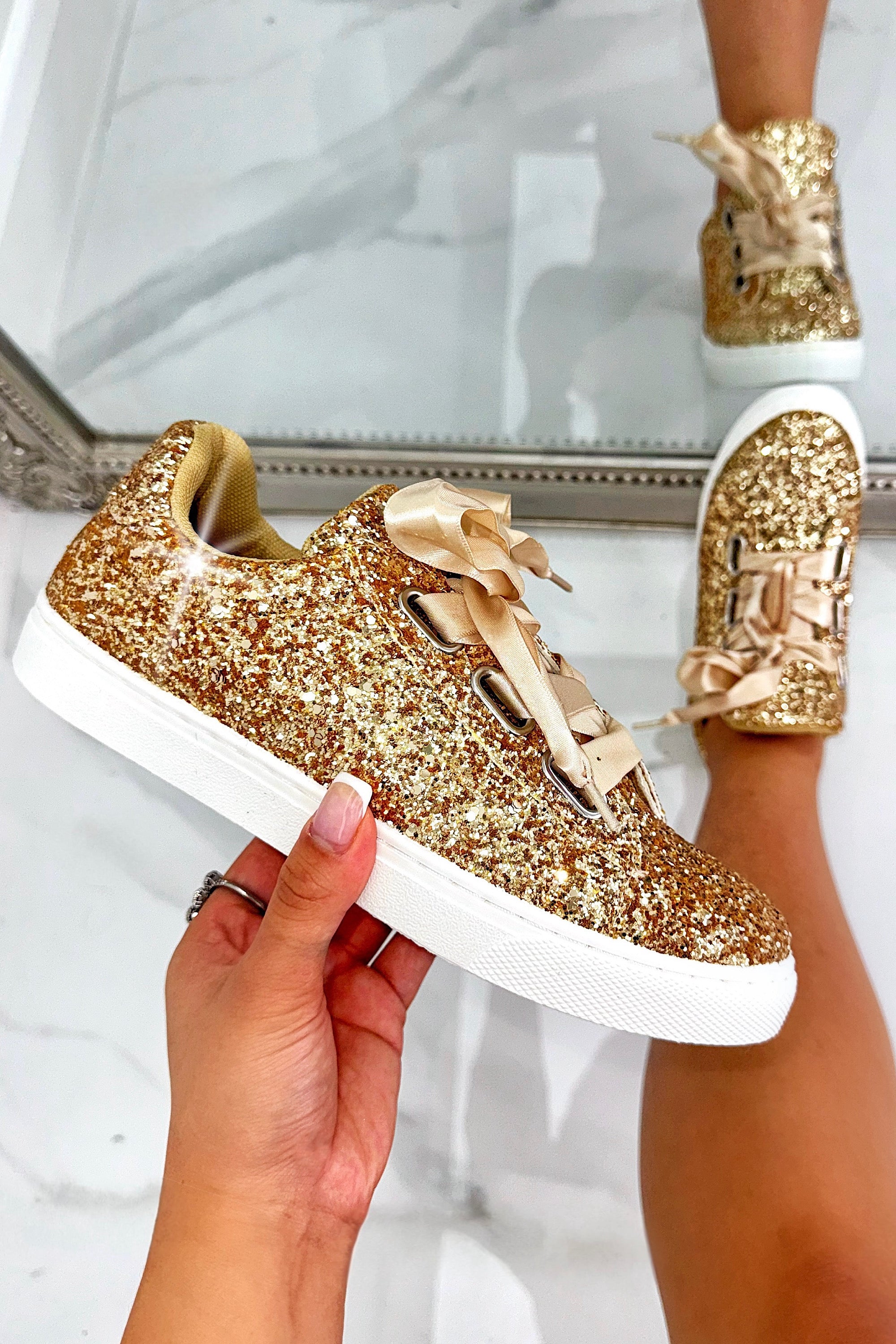 Sparkly Glitter Ribbon Lace Trainers Gold, featuring ribbon lace up detail