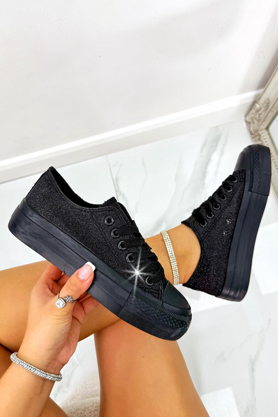 Sparkly Glitter Canvas Trainers Black finished with lace up trainer style