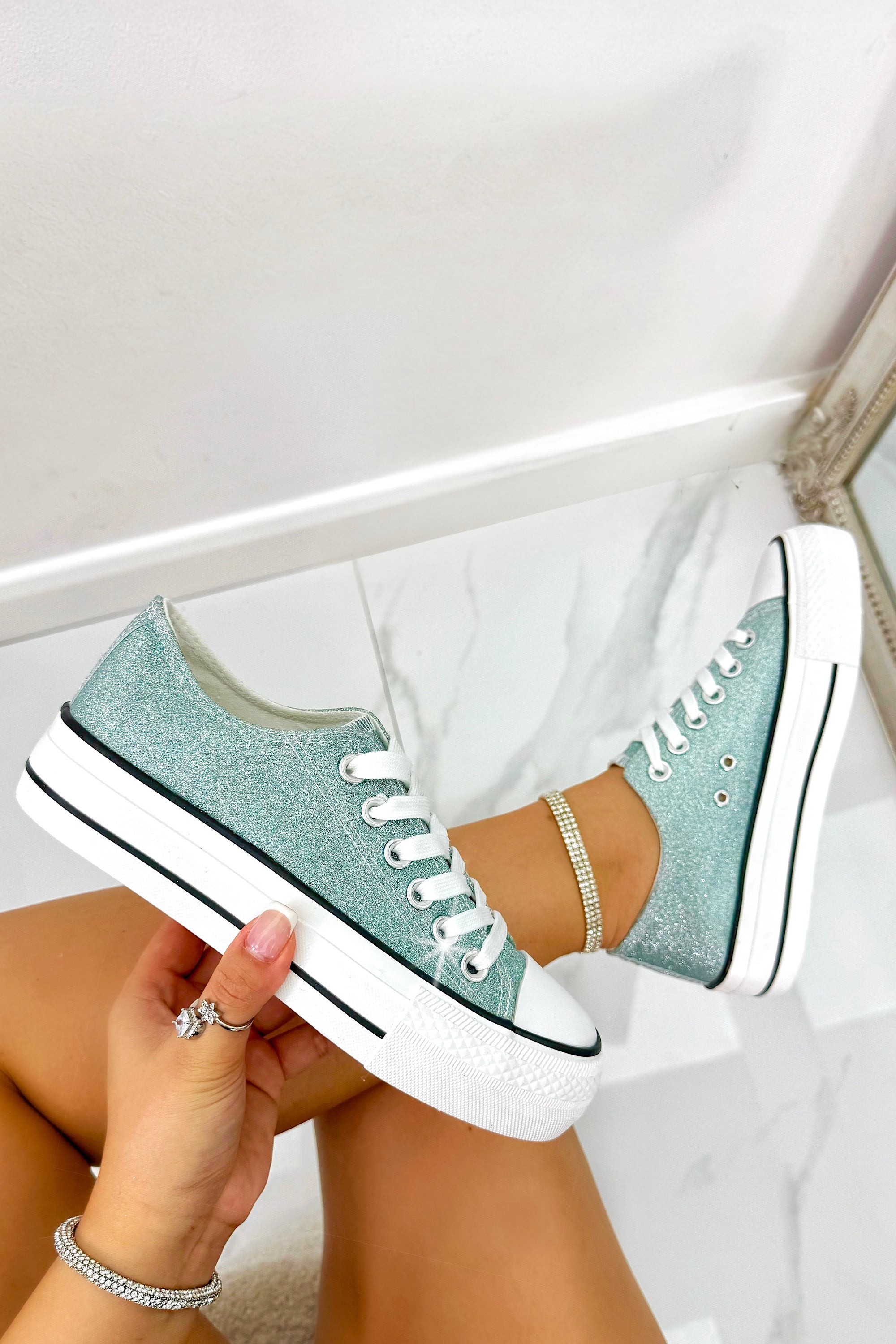 Sparkly Glitter Canvas Trainers Blue finished with lace up trainer style