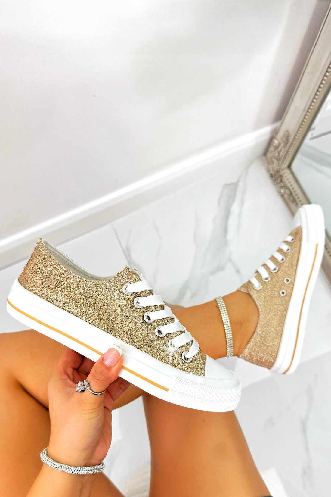 Sparkly Glitter Canvas Trainers Gold with lace up trainer style