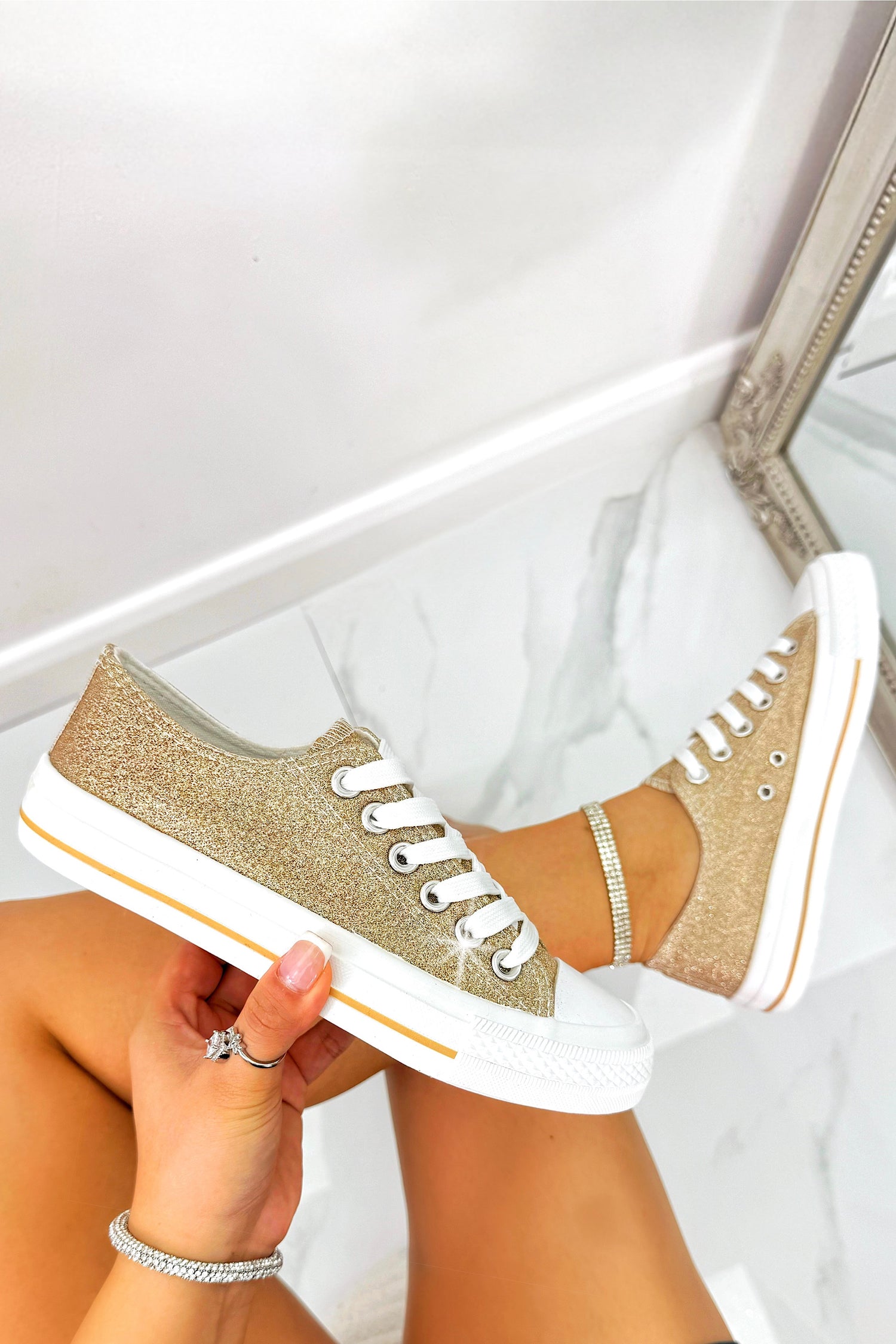 Sparkly Glitter Canvas Trainers Gold with lace up trainer style