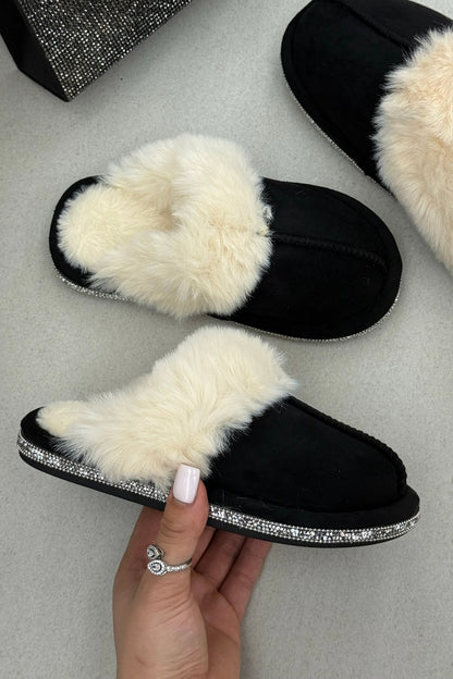 Little Lemmy Crystal Trim Cosy Slippers Black designed with plush faux fur lining for maximum warmth and comfort