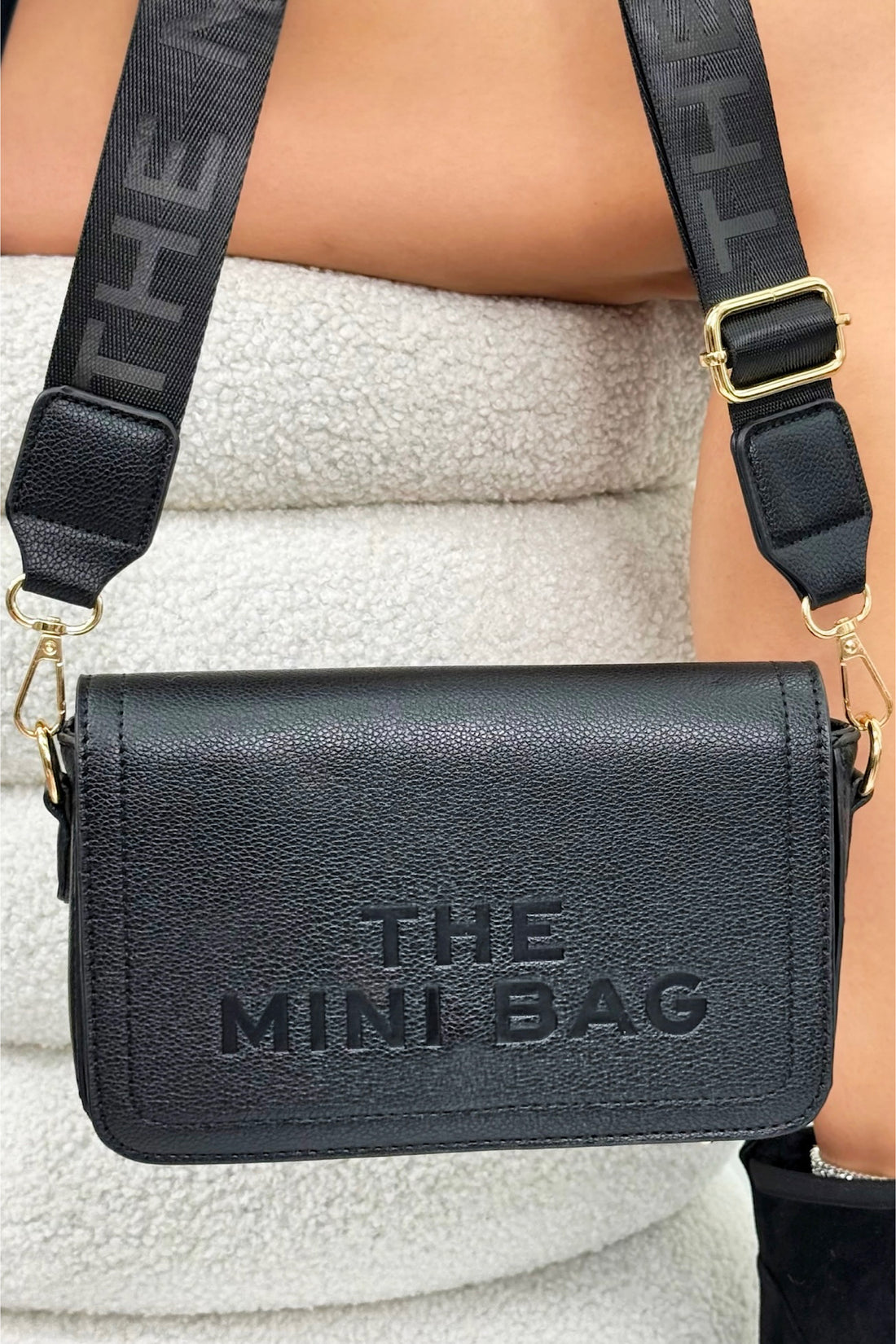 Faux Leather Mini Textured Crossbody Shoulder Bag Black featuring slogan strap and compartments