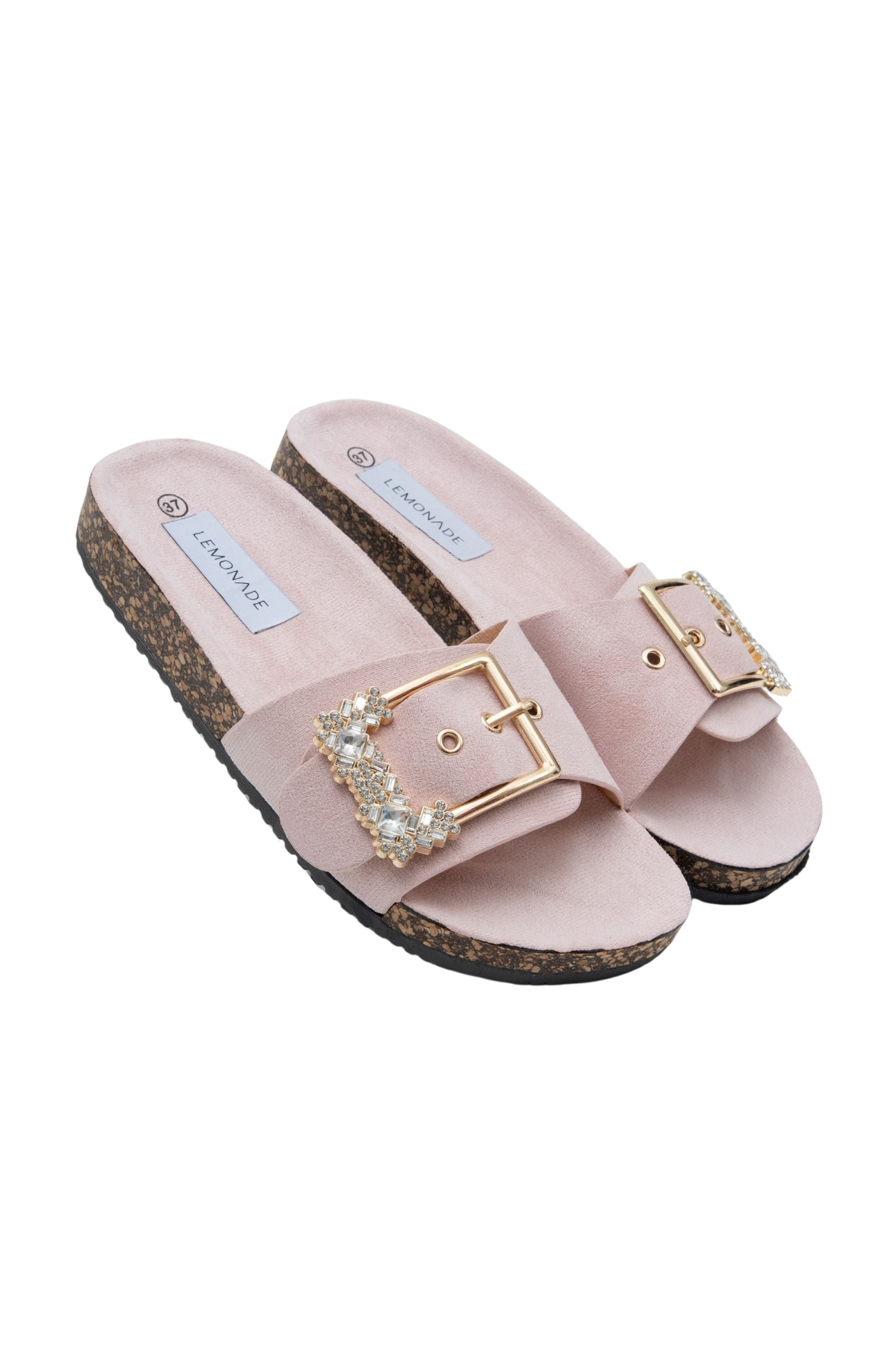 Crystal Chunky Buckle Sliders Baby Pink, featuring slip-On Design