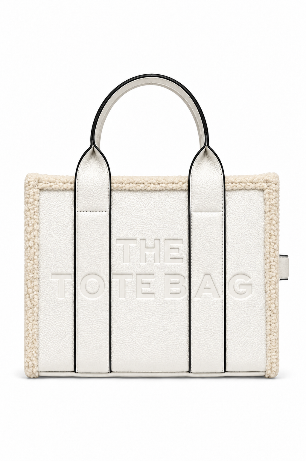 White Tote bag featuring a plush cream bouclé trim, structured silhouette, long top handles with black edging, and raised tonal lettering on the front. Set against a white background.