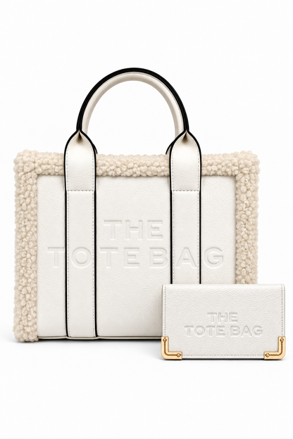 White Winter Crush Medium Sherpa Handbag &amp; Classic Tote Purse Bundle