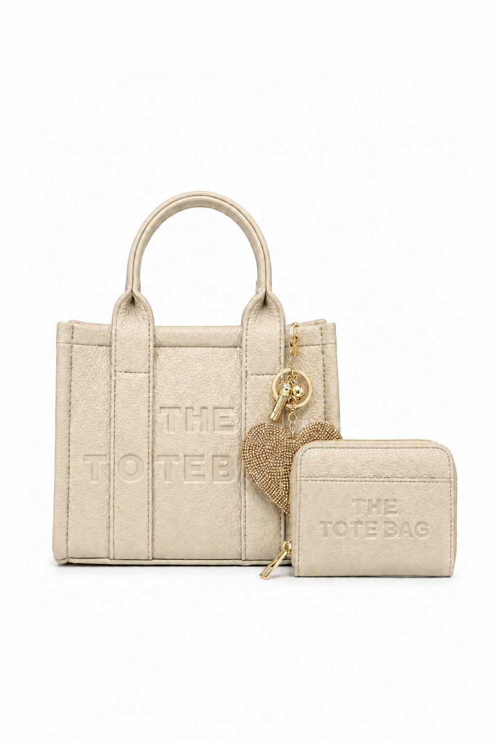 Faux Leather Mini Tote Bag Beige, Zip Up Tote Bag Purse Beige &amp; Padded Heart Keyring Gold Bundle