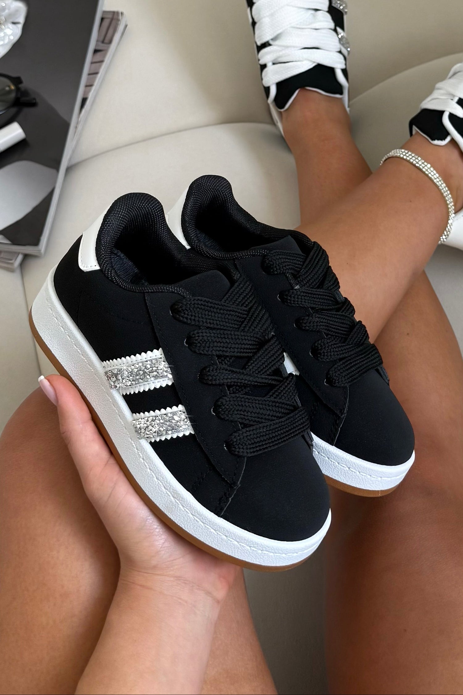 Little Lemmy Crystal Stripe Trainers Limited Edition Black with crystal stripe detailing for a fun, sparkling statement finish