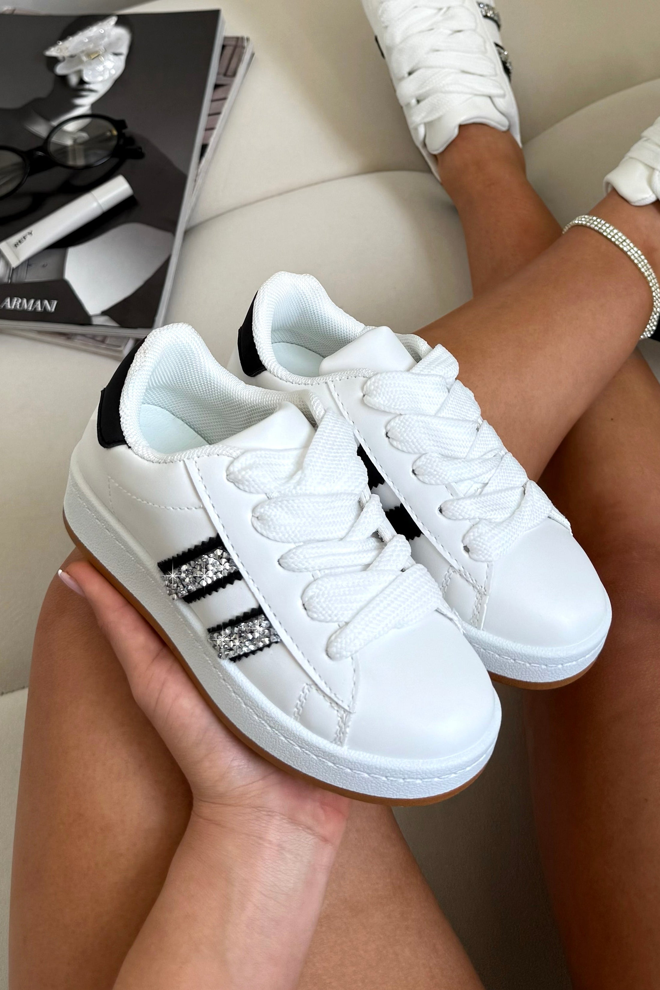 Little Lemmy Crystal Stripe Trainers Limited Edition White designed with crystal stripe detailing for a cute, sparkling shine