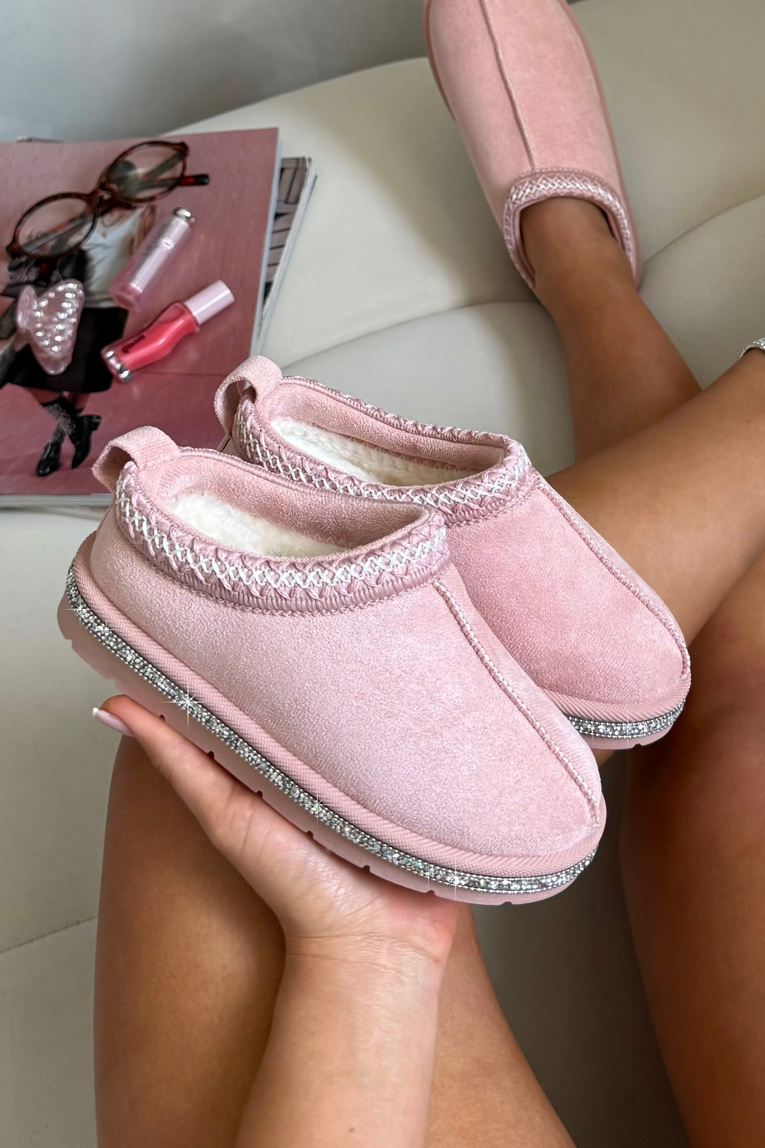 Little Lemmy Crystal Tazgirl Faux Fur Lined Mule Clog Slippers Pink featuring faux fur lined interior for extra warmth