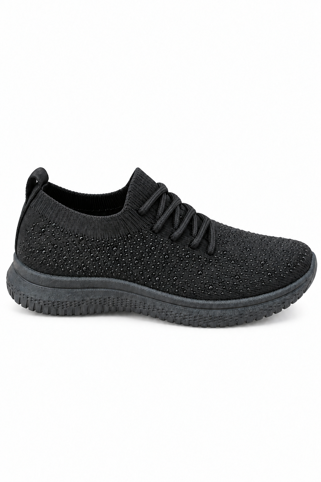 Kira Sparkly Diamante Knitted Stretch Sock Lace Up Trainers Black