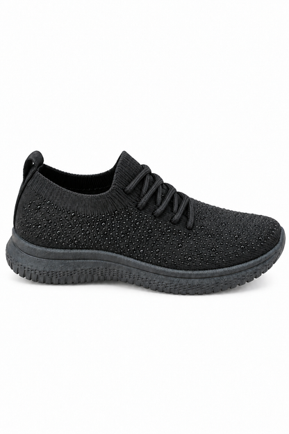 Kira Sparkly Diamante Knitted Stretch Sock Lace Up Trainers Black