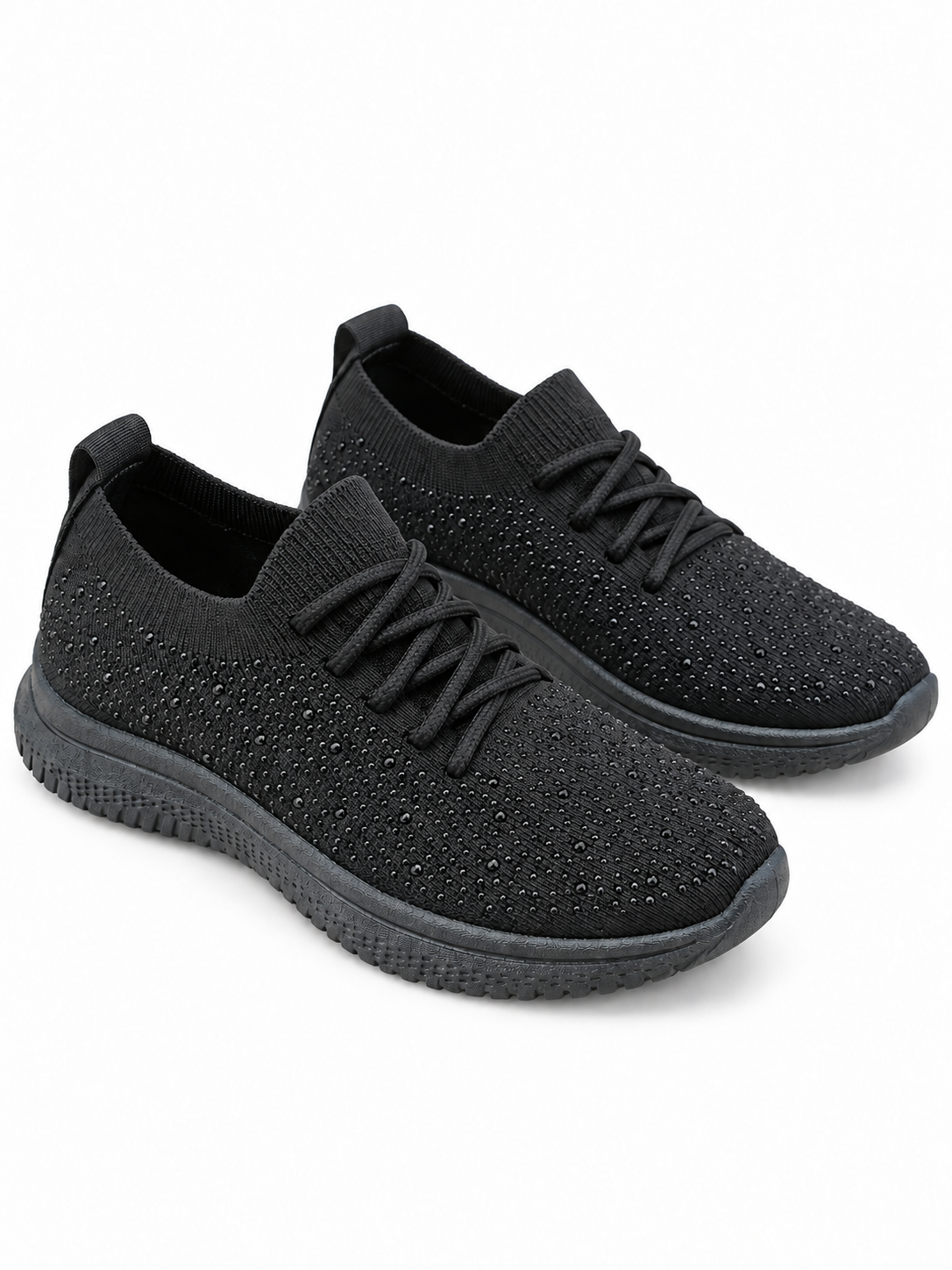 Kira Sparkly Diamante Knitted Stretch Sock Lace Up Trainers Black