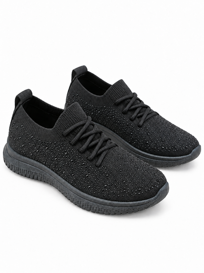 Kira Sparkly Diamante Knitted Stretch Sock Lace Up Trainers Black