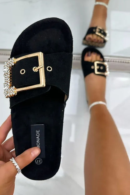 Crystal Chunky Buckle Sliders Black finished with 2.5cm Wedged Sole