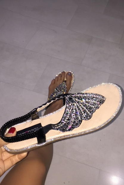 Crystal Couture Butterfly Sandals Black finished with elasticated Back Band