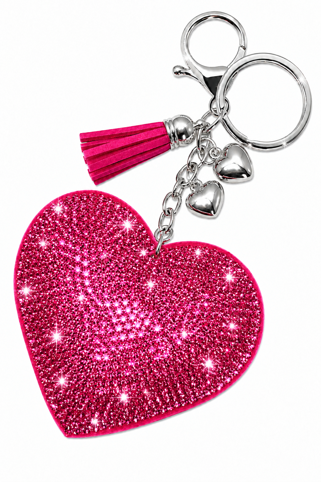 Crystal Padded Heart Bag Charm Keyring Hot Pink