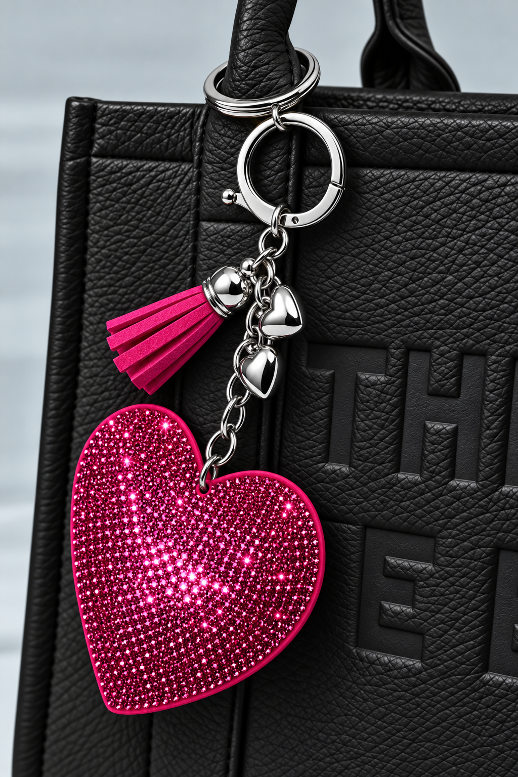 Crystal Padded Heart Bag Charm Keyring Hot Pink