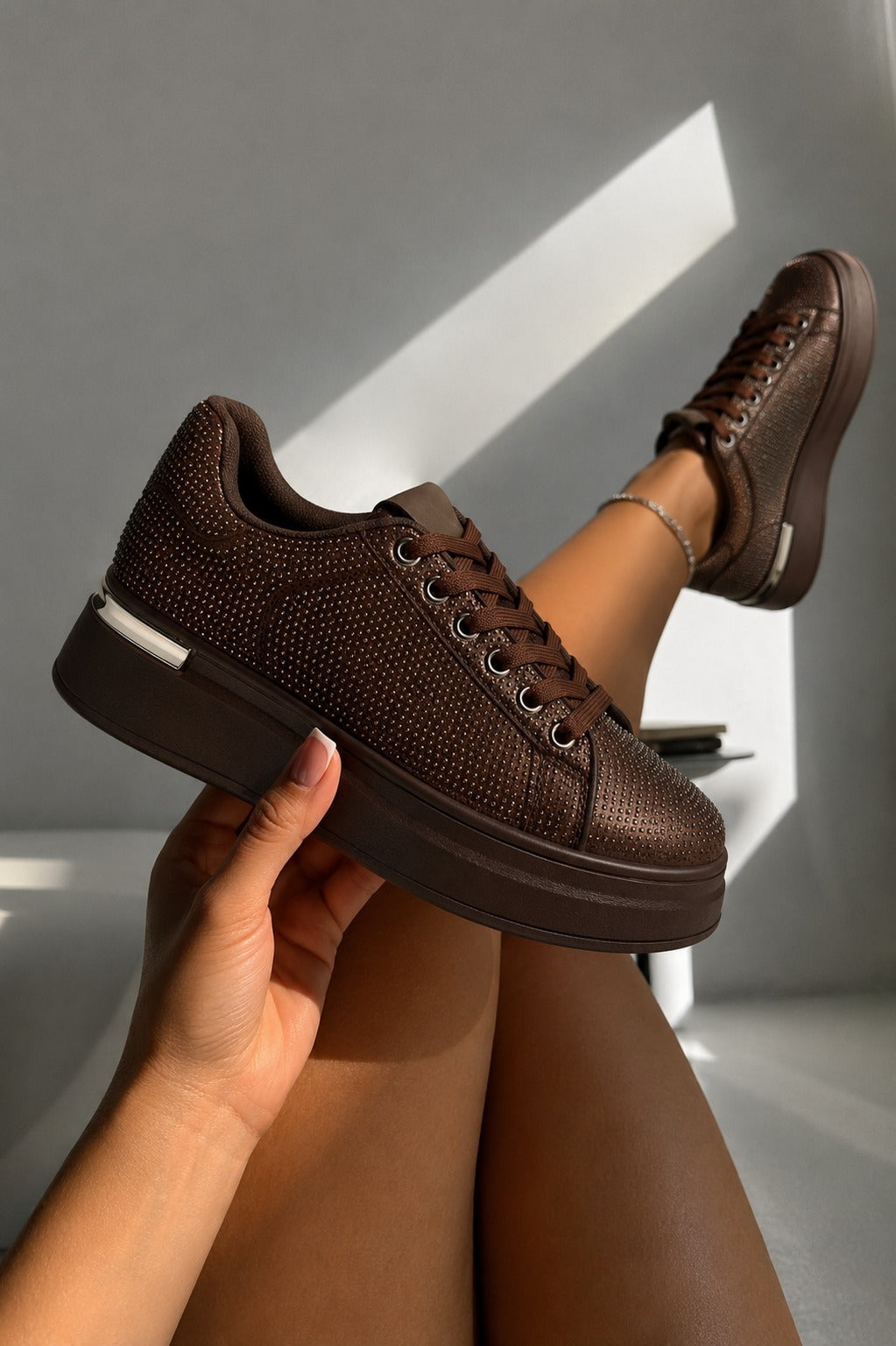 Crystal Society Glow Lace-Up Chunky Platform Trainers Brown