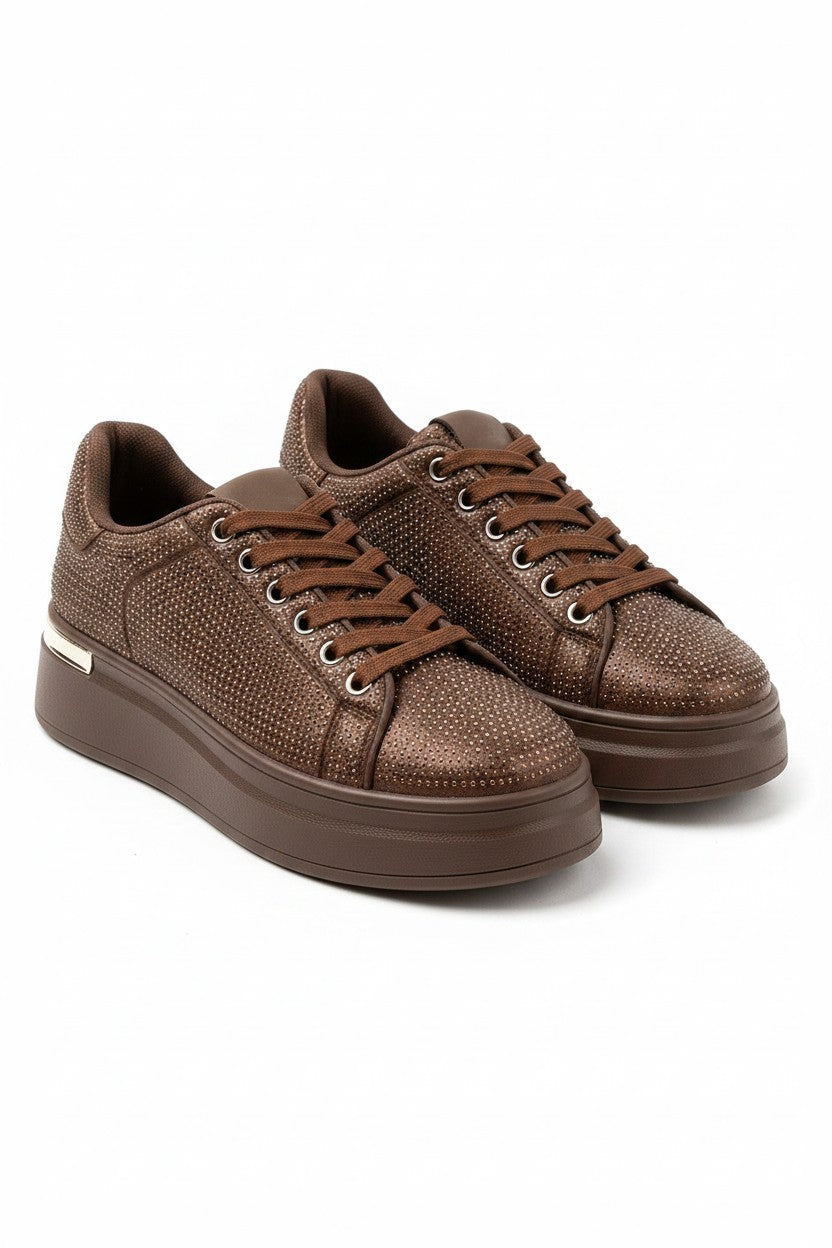 Crystal Society Glow Lace-Up Chunky Platform Trainers Brown