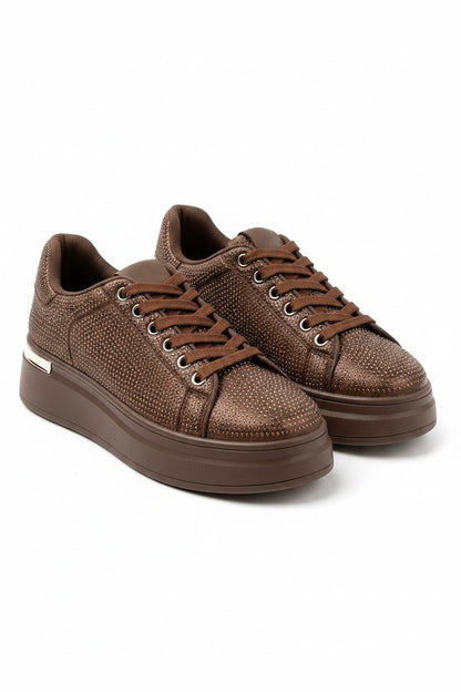 Crystal Society Glow Lace-Up Chunky Platform Trainers Brown